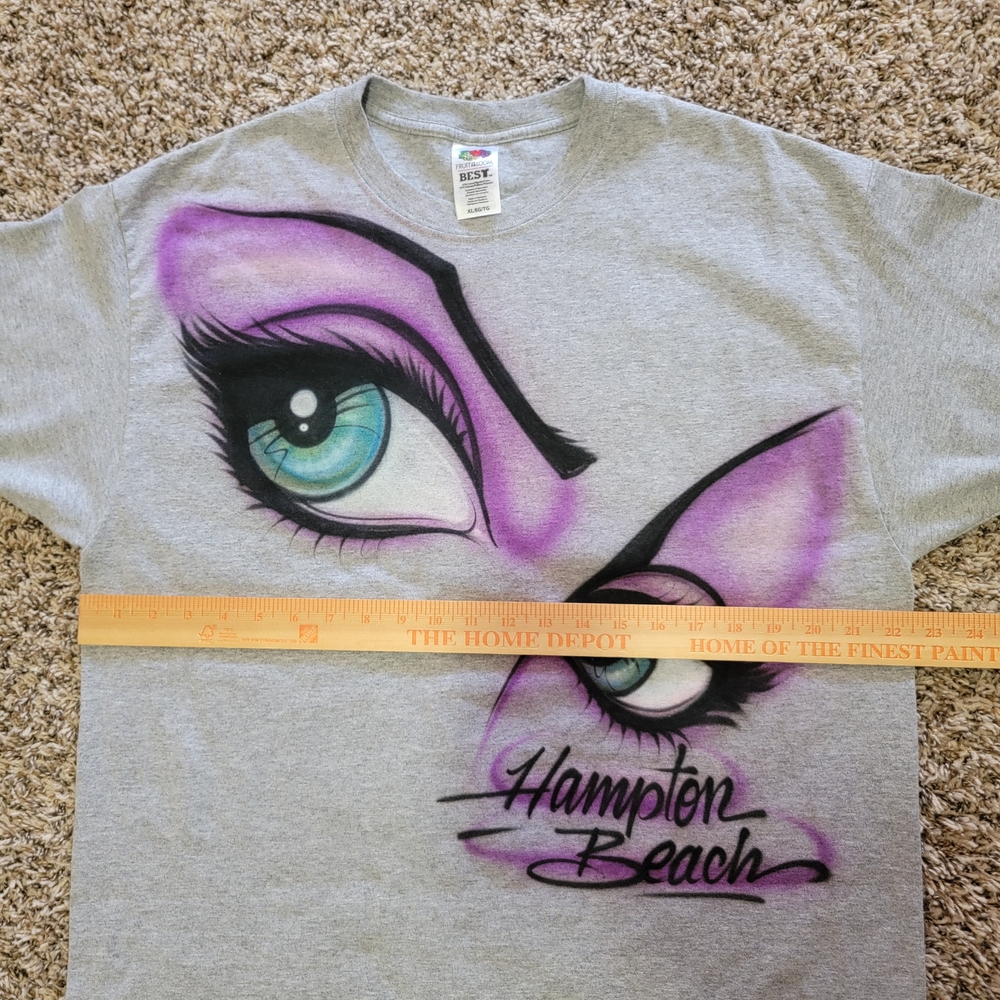 Fruit of the Loom Hampton Beach Airbrush Eye Makeup Heather Grey Gray Purple Tee - Picture 9 of 11